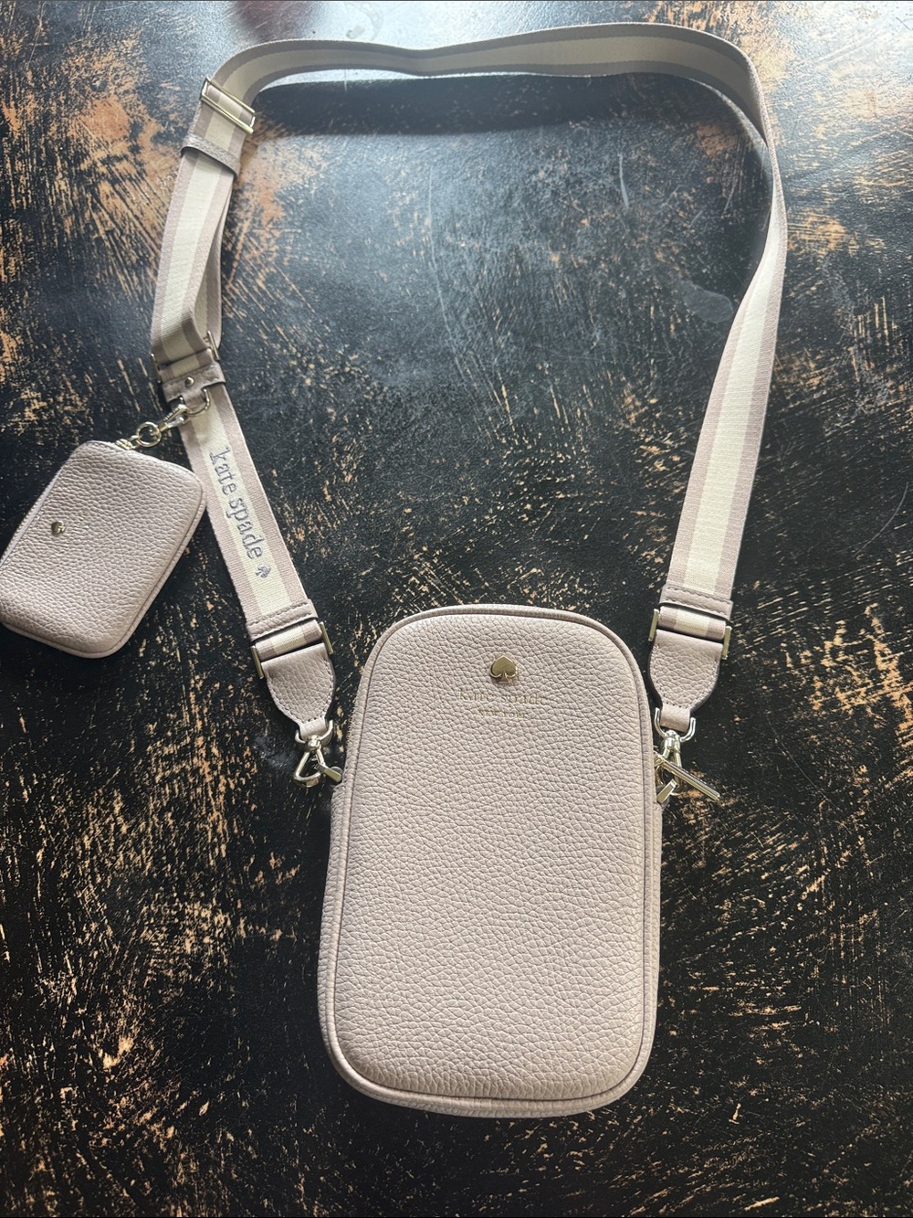 kate spade champagne /tan and cream pebble leather crossbody with striped strap